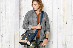 Black Canvas Leather Mens Side Bag Messenger Bags Navy Blue Canvas Courier Bags for Men - iwalletsmen