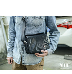Casual Black Leather Mens 10 inches Side Bag Small Messenger Bag Black Postman Bag For Men - iwalletsmen