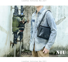 Casual Black Leather Mens 10 inches Side Bag Small Messenger Bag Black Postman Bag For Men - iwalletsmen