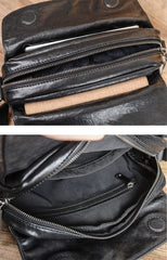 Casual Black Leather Mens 10 inches Side Bag Small Messenger Bag Black Postman Bag For Men - iwalletsmen