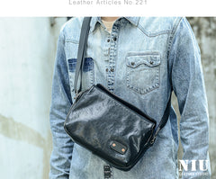 Casual Black Leather Mens 10 inches Side Bag Small Messenger Bag Black Postman Bag For Men - iwalletsmen