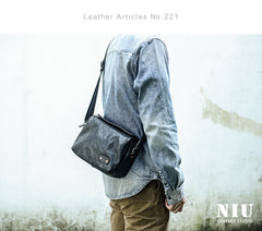 Casual Black Leather Mens 10 inches Side Bag Small Messenger Bag Black Postman Bag For Men - iwalletsmen