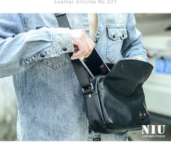 Casual Black Leather Mens 10 inches Side Bag Small Messenger Bag Black Postman Bag For Men - iwalletsmen