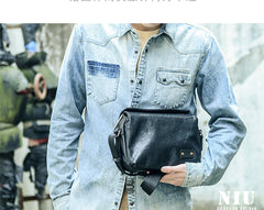 Casual Black Leather Mens 10 inches Side Bag Small Messenger Bag Black Postman Bag For Men - iwalletsmen