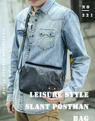 Casual Black Leather Mens 10 inches Side Bag Small Messenger Bag Black Postman Bag For Men - iwalletsmen
