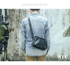 Casual Black Leather Mens 10 inches Side Bag Small Messenger Bag Black Postman Bag For Men - iwalletsmen