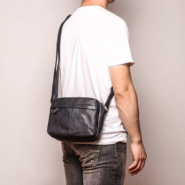 Black Leather Small Zipper Messenger Bag Courier Bag Brown Postman Bag For Men - iwalletsmen