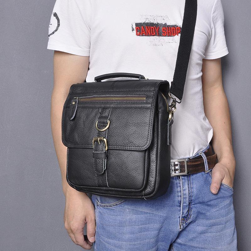 Black Leather Mens Small Vertical Messenger Bag Vertical Black Side Ba –  imessengerbags