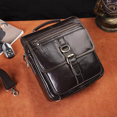 Black Leather Mens Small Vertical Messenger Bag Vertical Black Side Bags Small Handbag For Men - iwalletsmen