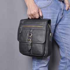 Black Leather Mens Small Vertical Messenger Bag Vertical Black Side Bags Small Handbag For Men - iwalletsmen