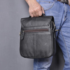 Black Leather Mens Small Vertical Messenger Bag Vertical Black Side Bags Small Handbag For Men - iwalletsmen