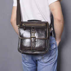 Black Leather Mens Small Vertical Messenger Bag Vertical Black Side Bags Small Handbag For Men - iwalletsmen