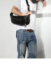 Black Cool Leather Men Fanny Pack Waist Bag Hip Pack Chest Bag Belt Bag Bumbag for Men - iwalletsmen