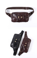 Black Cool Leather Men Fanny Pack Waist Bag Hip Pack Chest Bag Coffee Belt Bag Bumbag for Men - iwalletsmen
