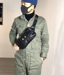 Black Cool Leather Men Fanny Pack Waist Bag Hip Pack Chest Bag Coffee Belt Bag Bumbag for Men - iwalletsmen