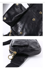 Black Cool Leather Men Fanny Pack Waist Bag Hip Pack Chest Bag Coffee Belt Bag Bumbag for Men - iwalletsmen