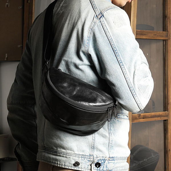 Black Handmade Leather Men Fanny Pack Small Waist Bag Hip Pack Coffee Belt Bag Bumbag for Men - iwalletsmen