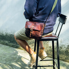 Fashion Black Wrinkled Leather Men 8 inches Small Side Bag Coffee Cool Messenger Bags Postman Bag For Men - iwalletsmen
