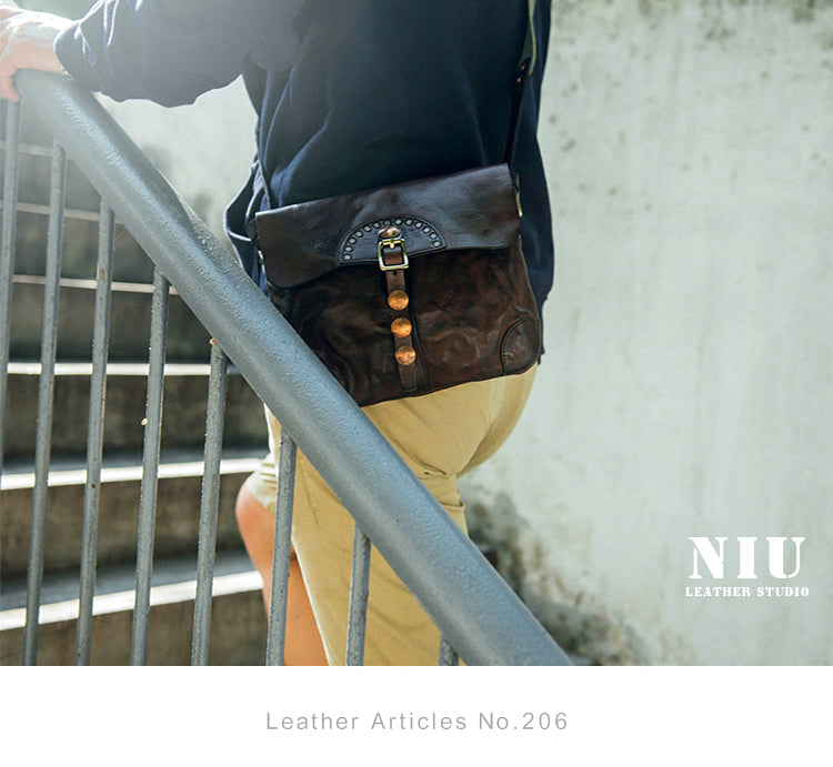 Fashion Black Wrinkled Leather Men 8 inches Small Side Bag Coffee Cool Messenger Bags Postman Bag For Men - iwalletsmen