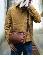 Cool Black Wrinkled Leather Men Postman Bag Side Bag Coffee Messenger Bag Courier Bag For Men - iwalletsmen