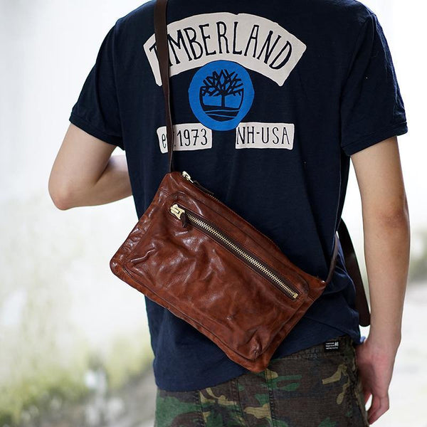 Cool Black Wrinkled Leather Men Postman Bag Side Bag Coffee Messenger Bag Courier Bag For Men - iwalletsmen