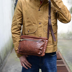 Cool Black Wrinkled Leather Men Postman Bag Side Bag Coffee Messenger Bag Courier Bag For Men - iwalletsmen