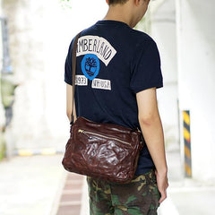 Handmade Black Wrinkled Leather Men Postman Bag Coffee Cool Courier Bag Messenger Bag One Shoulder Backpack For Men - iwalletsmen