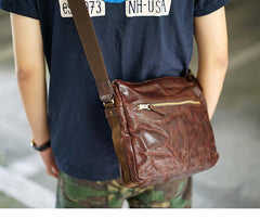 Handmade Black Wrinkled Leather Men Postman Bag Coffee Cool Courier Bag Messenger Bag One Shoulder Backpack For Men - iwalletsmen