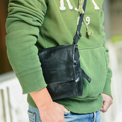 Cool Black Wrinkled Leather Men Vertical Square Side Bags Black Messenger Bag Courier Bag For Men - iwalletsmen
