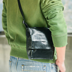 Cool Black Wrinkled Leather Men Vertical Square Side Bags Black Messenger Bag Courier Bag For Men - iwalletsmen