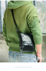 Cool Black Wrinkled Leather Men Vertical Square Side Bags Black Messenger Bag Courier Bag For Men - iwalletsmen