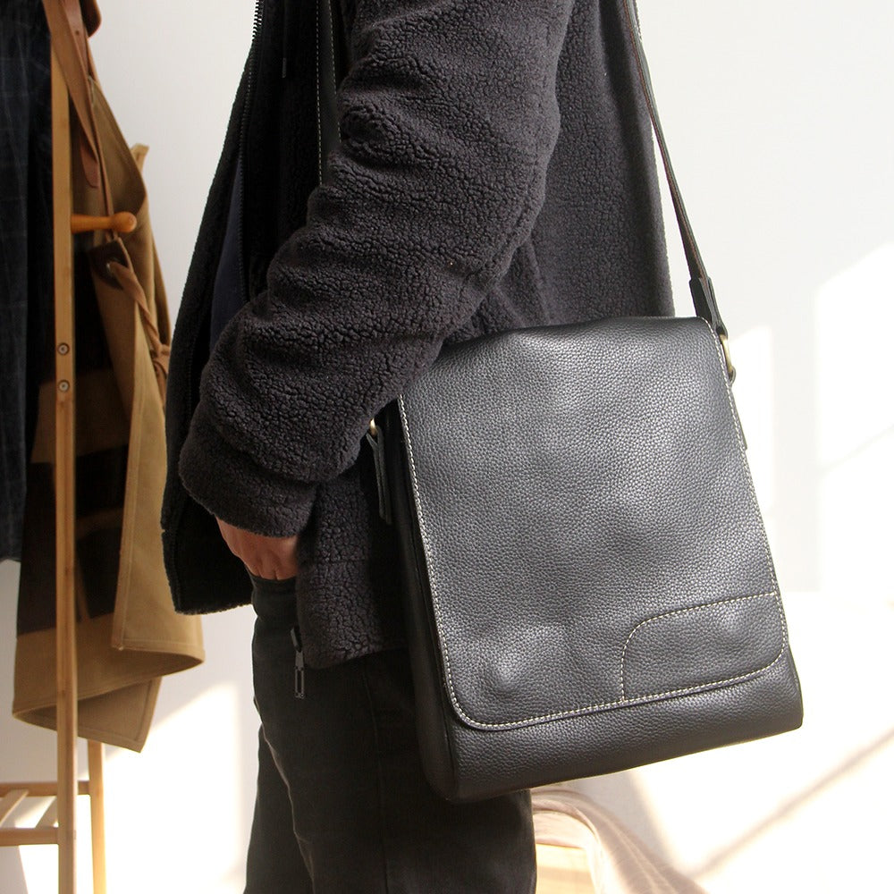 Coffee LEATHER MEN'S Small Side bag Vertical iPad Bag Black MESSENGER BAG FOR MEN