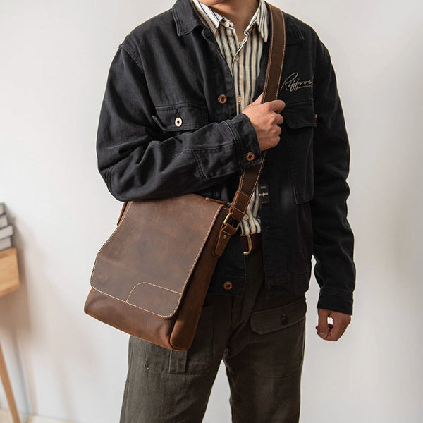 Coffee Mens Leather Vertical Messenger Bag iPad Bag 9.7'' Vertical Crossbody Bag for Men