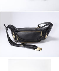 Black Large Capacity Leather Mens Fanny Packs Barrel Bum Bags Cool Waist Bag for Men
