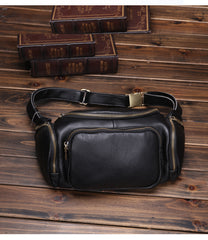 Black Large Capacity Leather Mens Fanny Packs Barrel Bum Bags Cool Waist Bag for Men