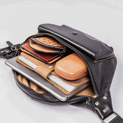 Black Leather Fanny Pack Men's Black Chest Bag Hip Pack Ipad Mini Waist Bag For Men