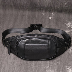 Black Leather Fanny Pack Men's Black Chest Bag Hip Pack Phone Waist Bag For Men