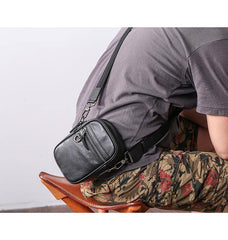 Black Leather MENS Small Vertical Side Bag Black MIni Messenger Bag Mobile Bag For Men - iwalletsmen