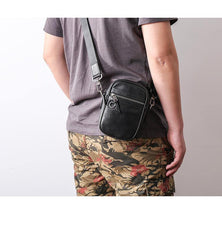 Black Leather MENS Small Vertical Side Bag Black MIni Messenger Bag Mobile Bag For Men - iwalletsmen