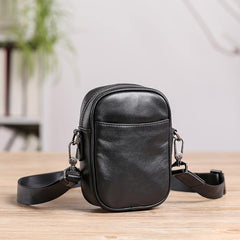 Black Leather MENS Small Vertical Side Bag Black MIni Messenger Bag Mobile Bag For Men - iwalletsmen