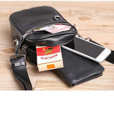 Black Leather MENS Small Vertical Side Bag Black MIni Messenger Bag Mobile Bag For Men - iwalletsmen