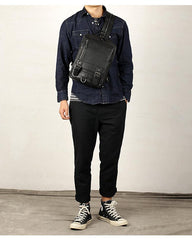 Black Leather Men's 10 inches Sling Bag Computer Backpack Black Travel Backpack Black Sling Pack For Men - iwalletsmen