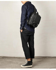 Black Leather Men's 10 inches Sling Bag Computer Backpack Black Travel Backpack Black Sling Pack For Men - iwalletsmen
