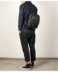Black Leather Men's 10 inches Sling Bag Computer Backpack Black Travel Backpack Black Sling Pack For Men - iwalletsmen