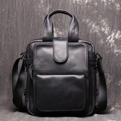 Black Leather Mens Laptop Work Bag Handbag Vertical Briefcase Shoulder Bags Black Business Bags For Men - iwalletsmen