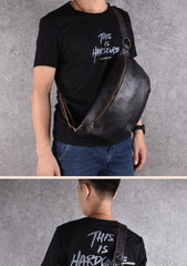 Black Leather Mens Large Sling Bag Leather Sling Pack Postman Bag Fanny Pack Shoulder Bag For Men - iwalletsmen