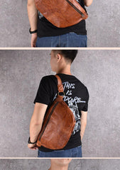 Black Leather Mens Large Sling Bag Leather Sling Pack Postman Bag Fanny Pack Shoulder Bag For Men - iwalletsmen