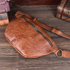 Black Leather Mens Large Sling Bag Leather Sling Pack Postman Bag Fanny Pack Shoulder Bag For Men - iwalletsmen