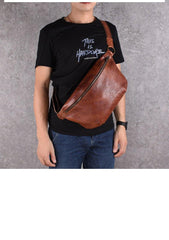 Black Leather Mens Large Sling Bag Leather Sling Pack Postman Bag Fanny Pack Shoulder Bag For Men - iwalletsmen