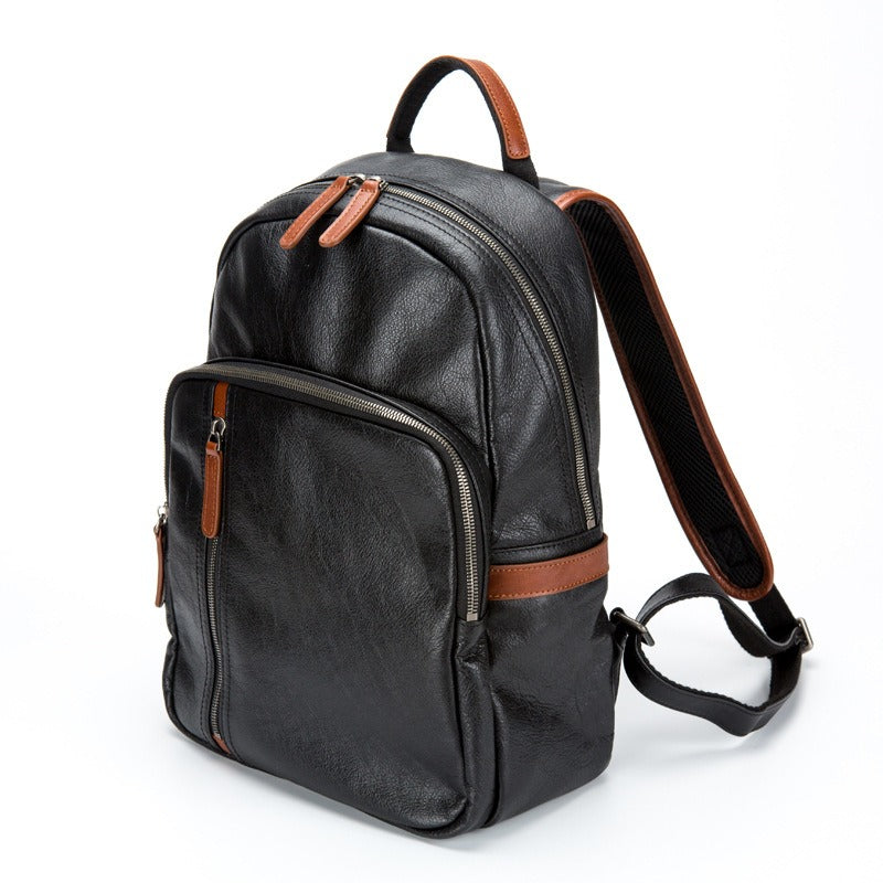 Black Leather Mens 14 inches Laptop Backpack School Backpack College Backpack for Men